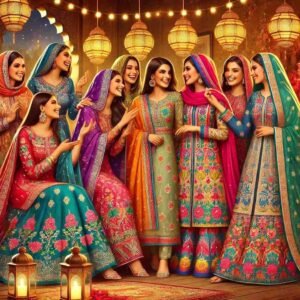 A group of women dressed in vibrant Eid outfits, celebrating together in a festive setting, showcasing styles of an Eid dress for woman