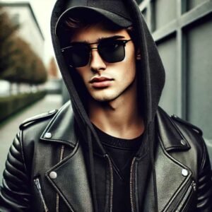 Young man wearing a hoodie, leather jacket, sunglasses, and a cap, showcasing an edgy and confident style.