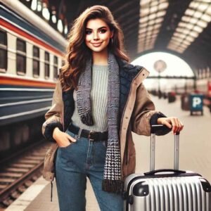 A stylish girl with a suitcase at a railway station, showcasing a travel-inspired vibe.