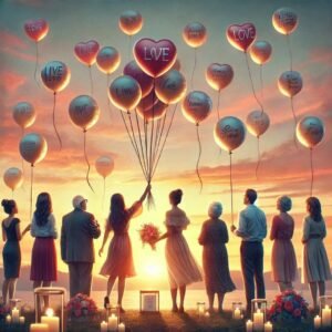 A group of people releasing heart-shaped balloons at sunset, creating a romantic and uplifting atmosphere.