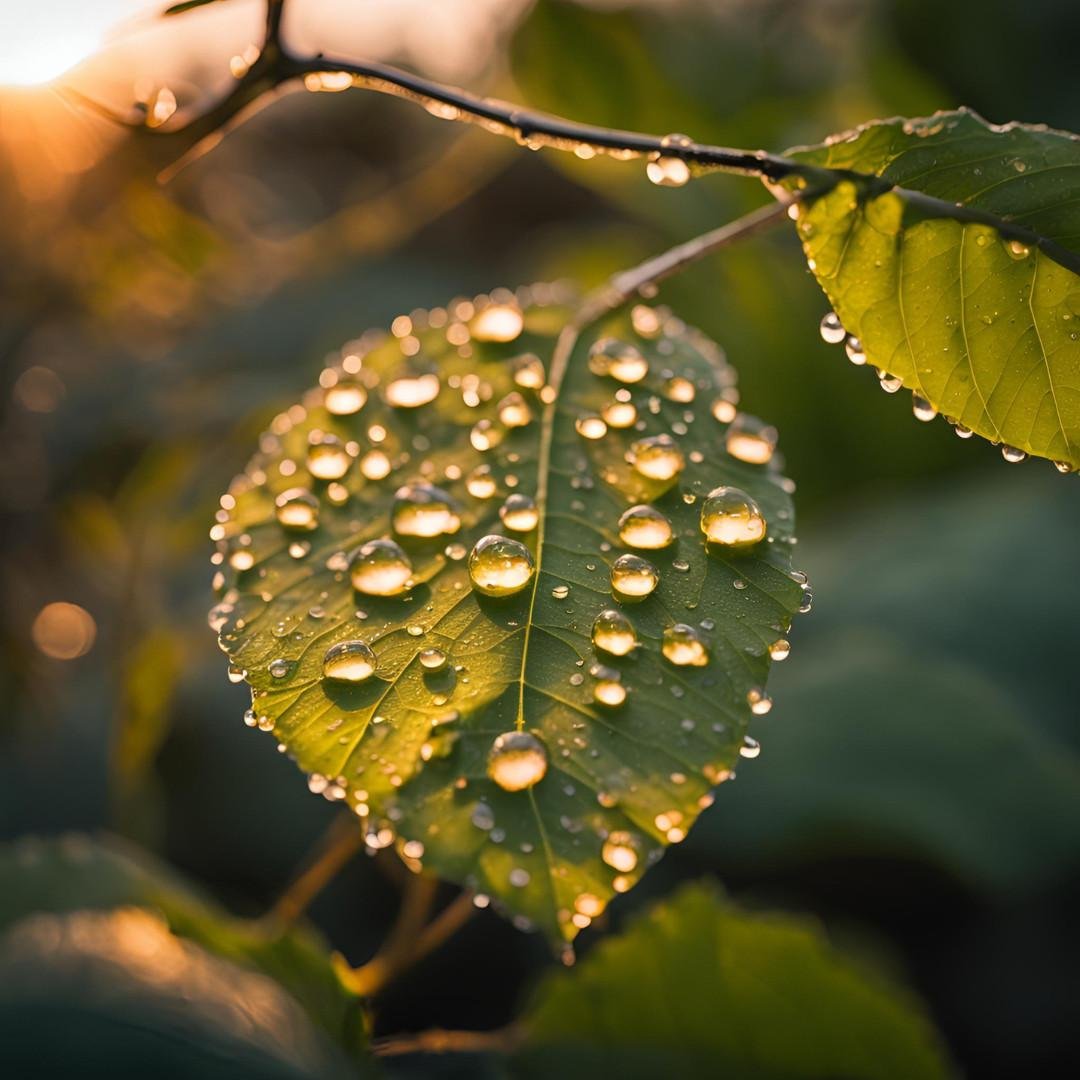 A close-up of a leaf with water droplets during a sunset, perfect for sad status DP ideas.