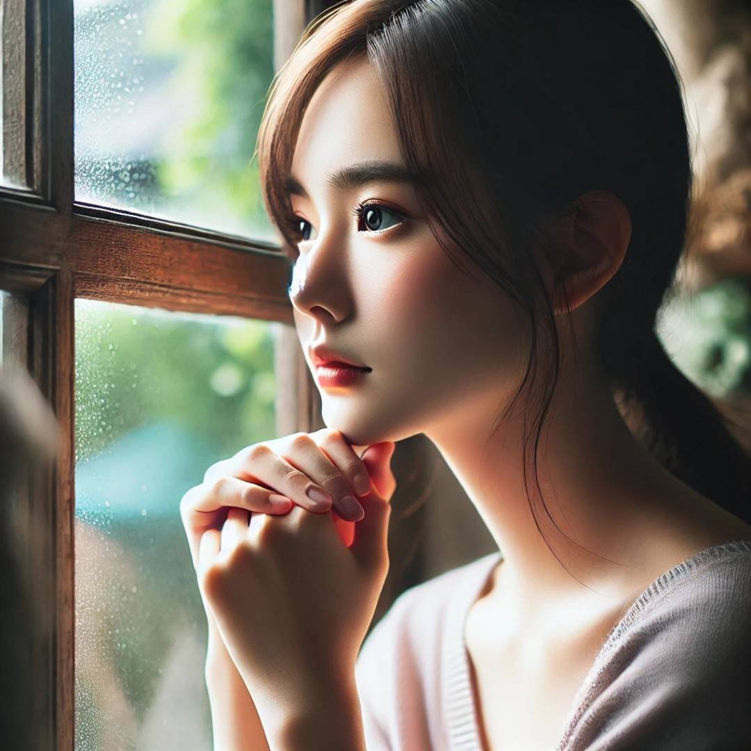 Girls DP Shayari featuring a girl gazing out of a window in a serene mood.