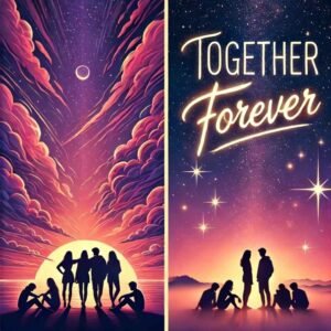 Friends WhatsApp group DP featuring silhouettes against a scenic sunset with 'Together Forever' text.