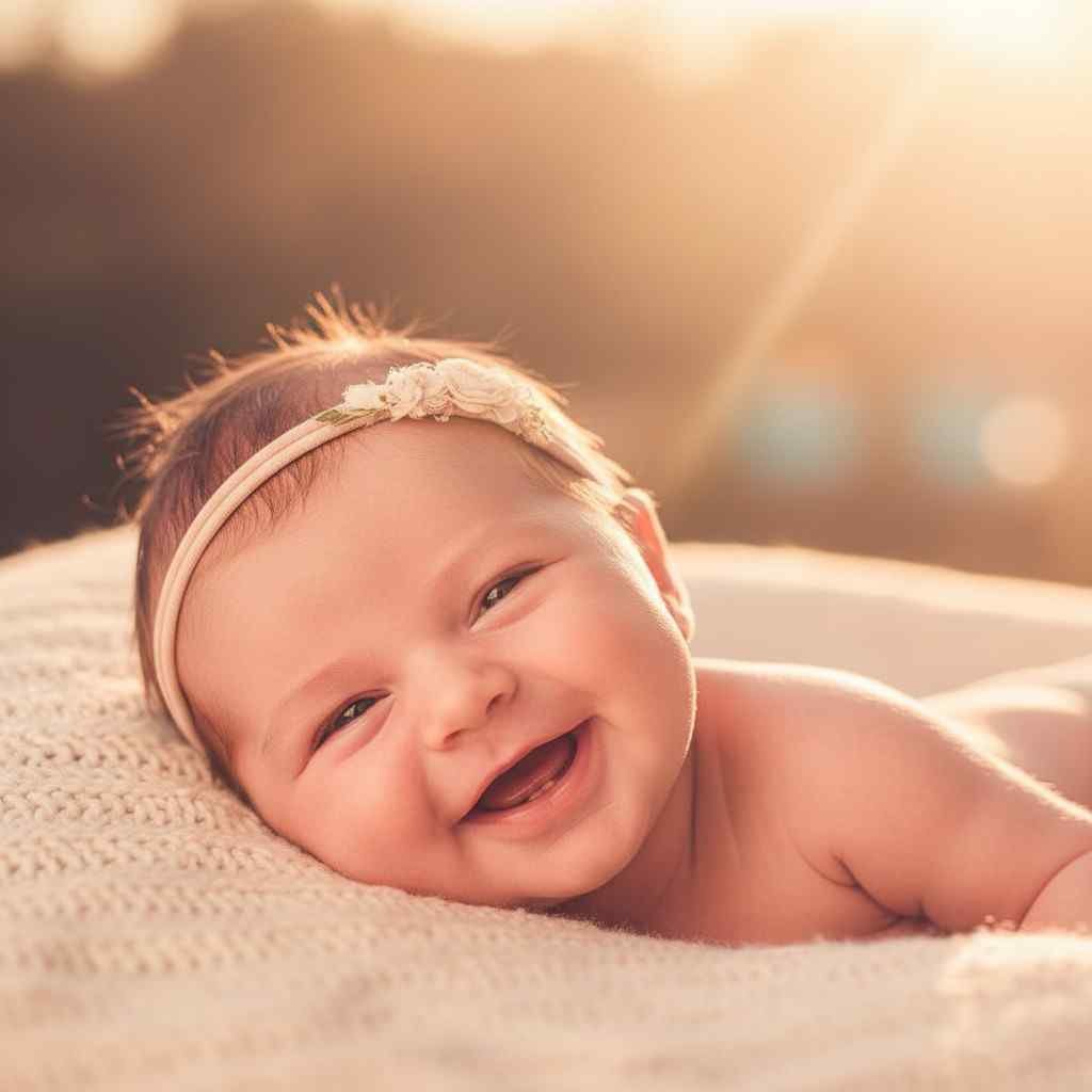 Toothless smiling baby girl tilted head for profile