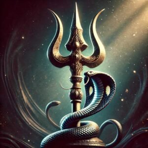 Close-up of Mahadev’s Trishul with a coiled snake, set against a dark background.