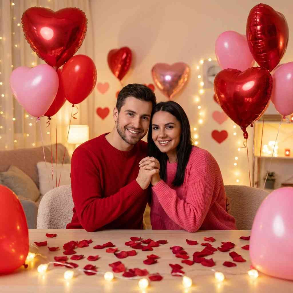 valentines day love dp for whatsapp with romantic couple and heart decorations