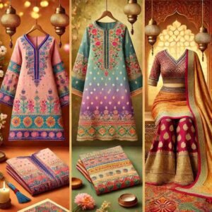A collage showcasing Lucknowi Chikankari kurtas, Rajasthani Bandhej sarees, and South Indian Kanjeevaram sarees as an Eid dress for woman.