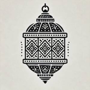 Black and white vintage lantern illustration with intricate geometric patterns.