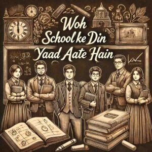 A vintage-style illustration of students with the text "Woh School ke Din Yaad Aate Hain" capturing school memories.