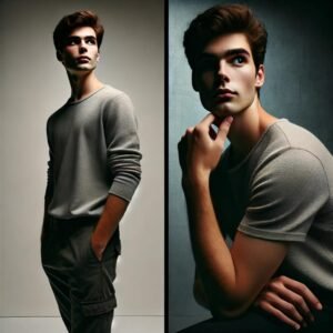 Comparison image with a relaxed, simple pose on the left and a confident, stylish pose with angled lighting on the right.
