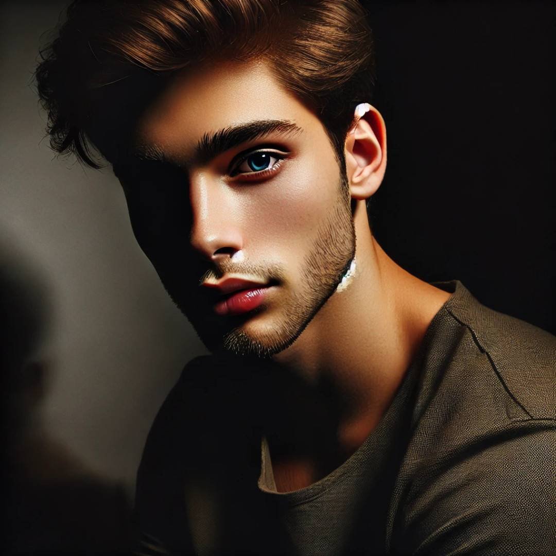 Young man’s face illuminated by side lighting, with dramatic shadows creating a bold and artistic mood.