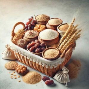 Basket containing Zakat-ul-Fitr items like rice, dates, and grains for Eid ul Fitr niyat.