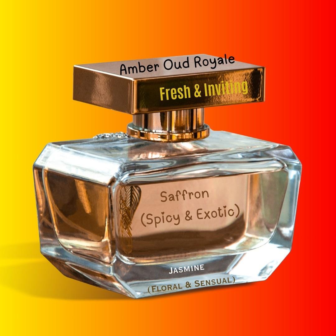 Amber Oud Saffron perfume bottle with golden cap on vibrant background