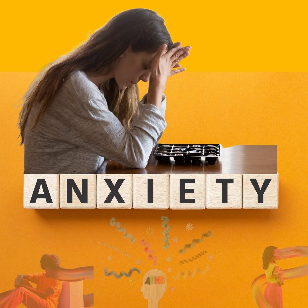 Image showing anxiety, represented by a woman with a stressed expression and the word "ANXIETY."