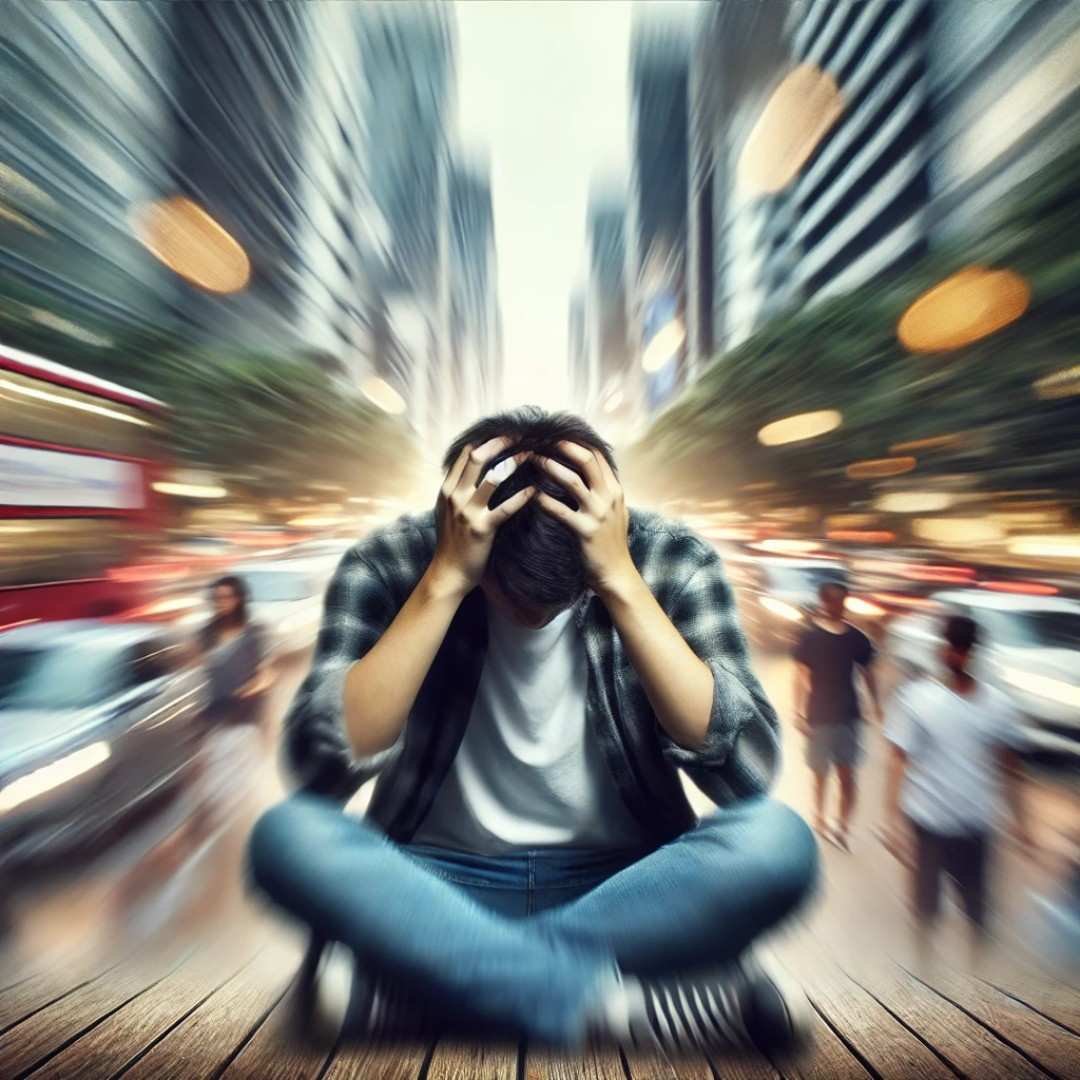 A person experiencing anxiety in a crowded urban setting, holding their head in distress.