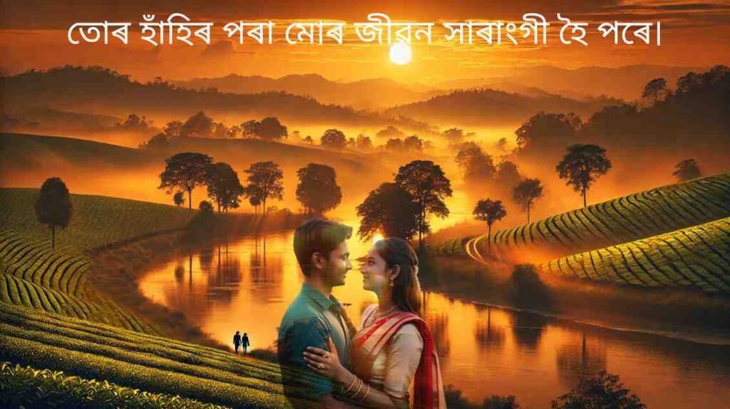 Romantic Assamese couple in traditional attire with love quote at sunset