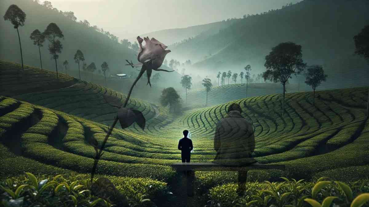 Lone figure in a misty tea garden with a fading rose and silhouette, symbolizing heartbreak and lost love