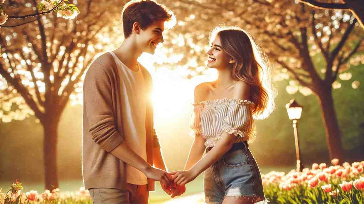Young romantic couple holding hands and smiling in a sunlit garden during spring