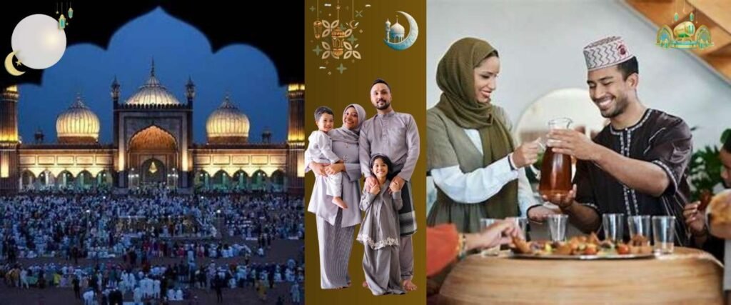 Muslim family celebrating Eid with food, gifts, and prayer gathering.