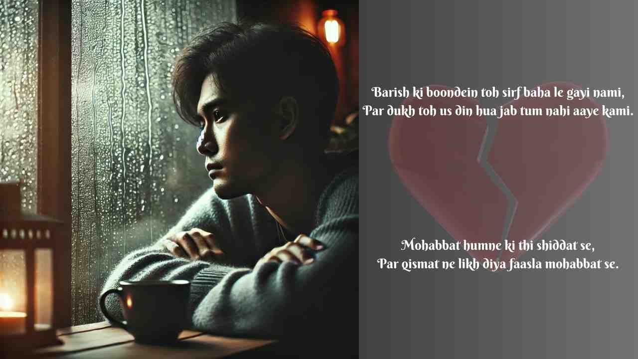 Sad boy looking out rainy window with broken heart image and emotional 2-line Hindi love shayari
