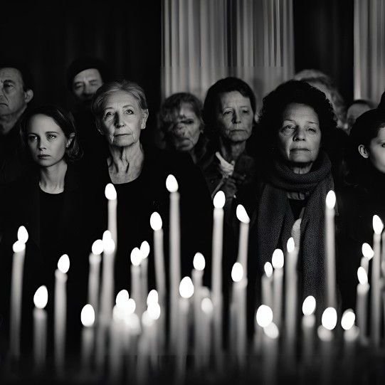 Mourners at a candlelight memorial service, expressing their condolences.