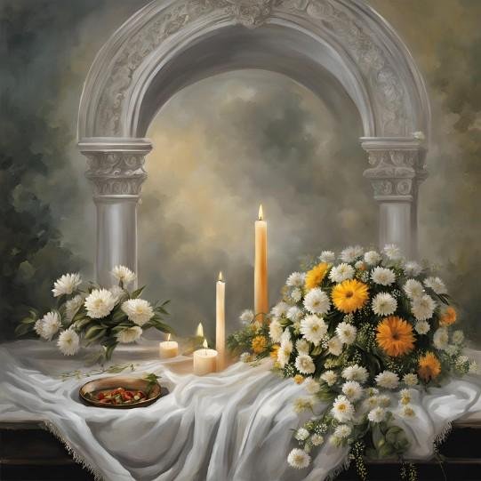 A serene image of flowers and candles, symbolizing peace and offering condolences.