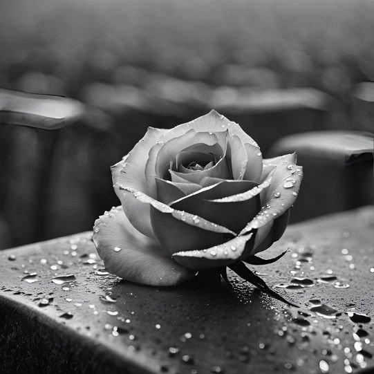 A black and white image of a rose with droplets, symbolizing mourning and condolences.