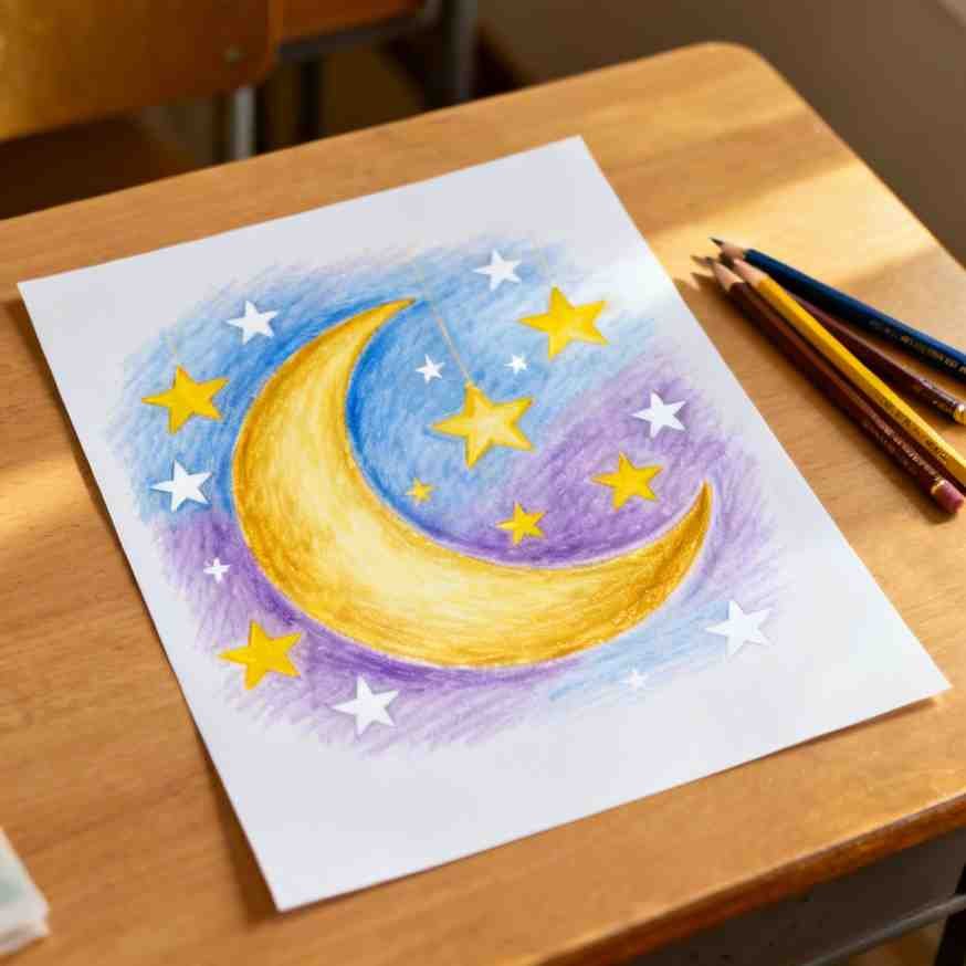Completed Eid crescent moon drawing with colored background
