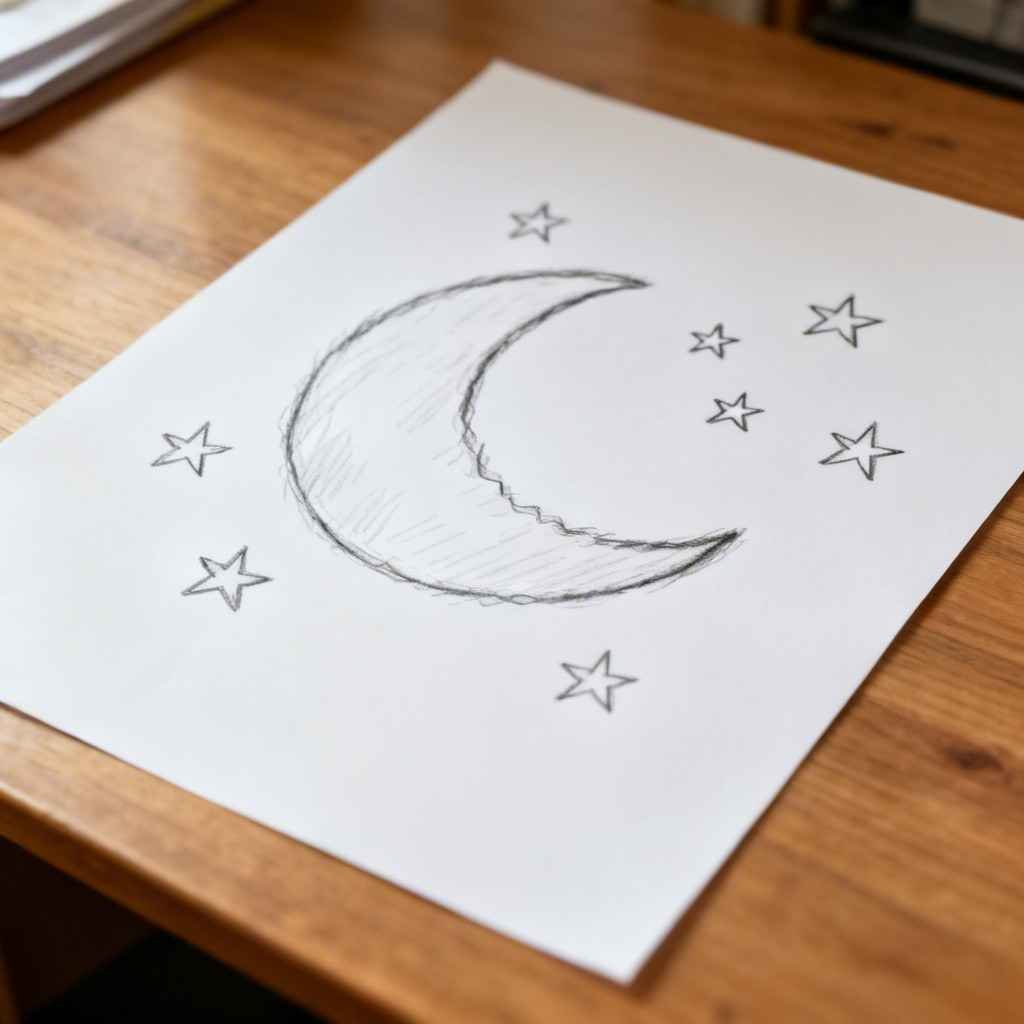 Crescent moon with stars sketch for Eid drawing step 2