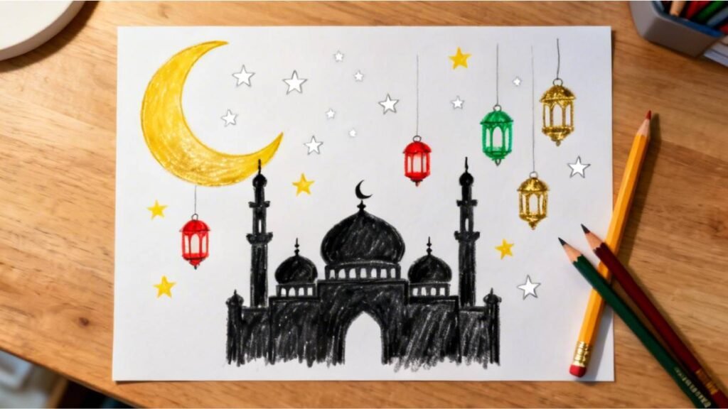 Colorful Eid drawing with mosque, crescent moon and lanterns on white paper