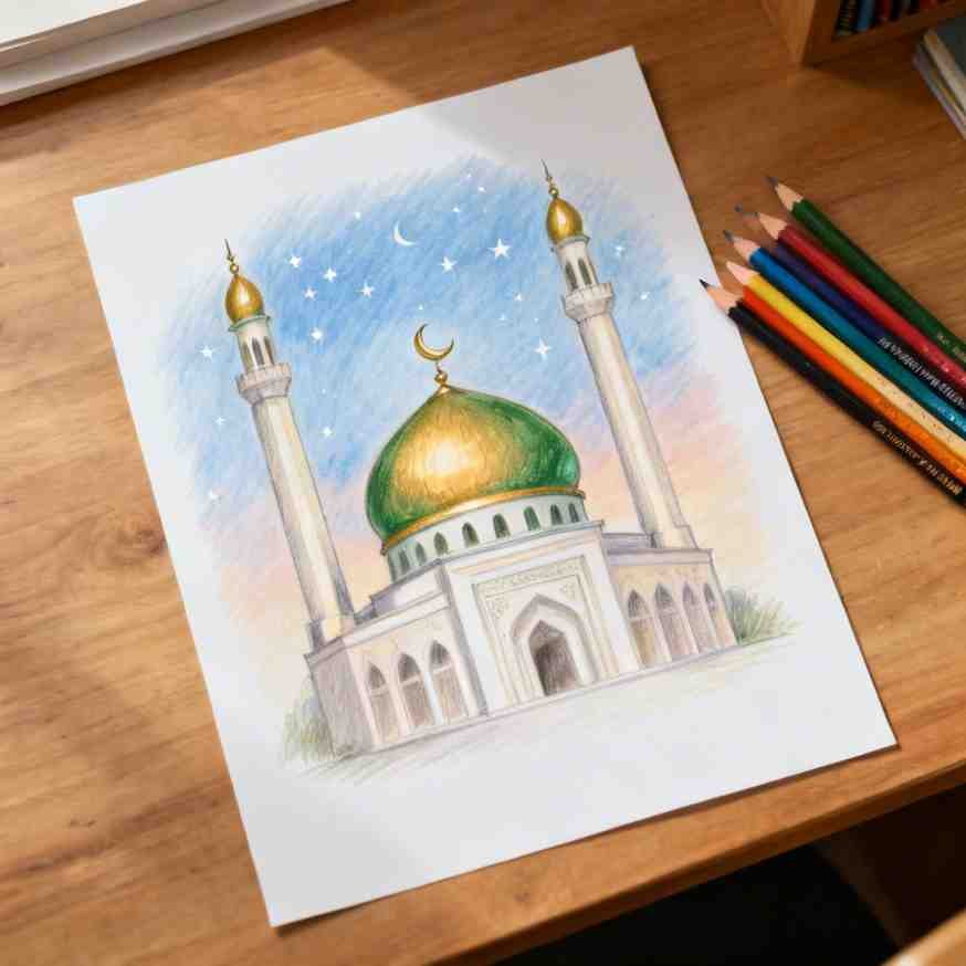 Colored Eid mosque drawing with green dome and blue sky background