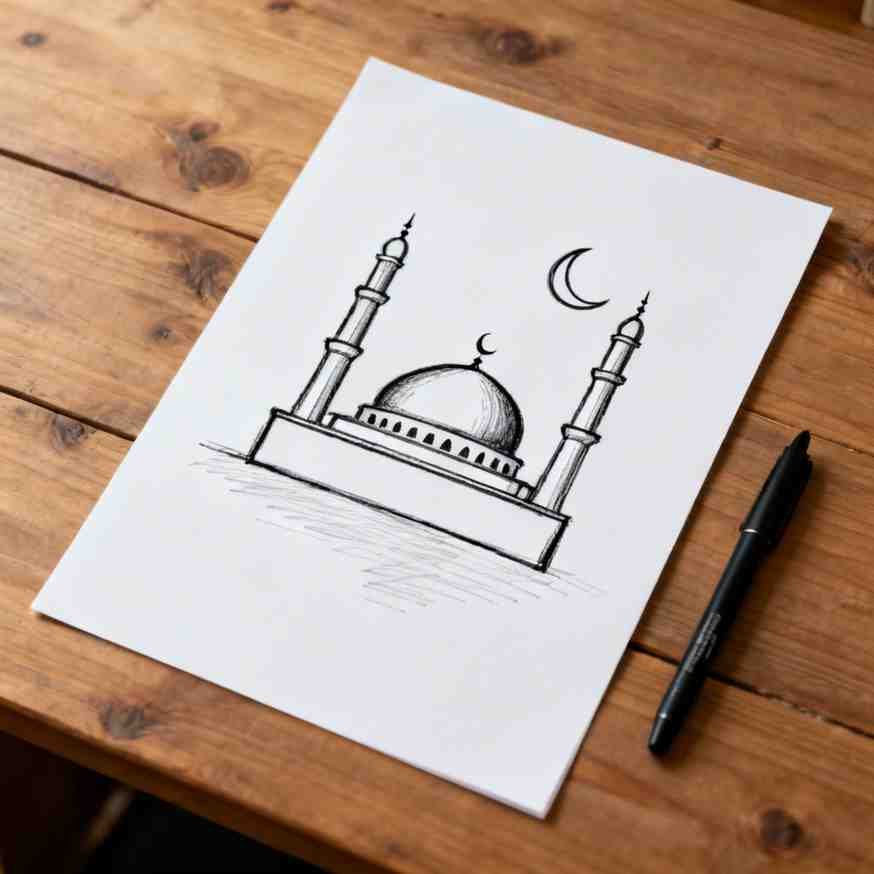 Outlined mosque sketch with dome and minarets for Eid drawing