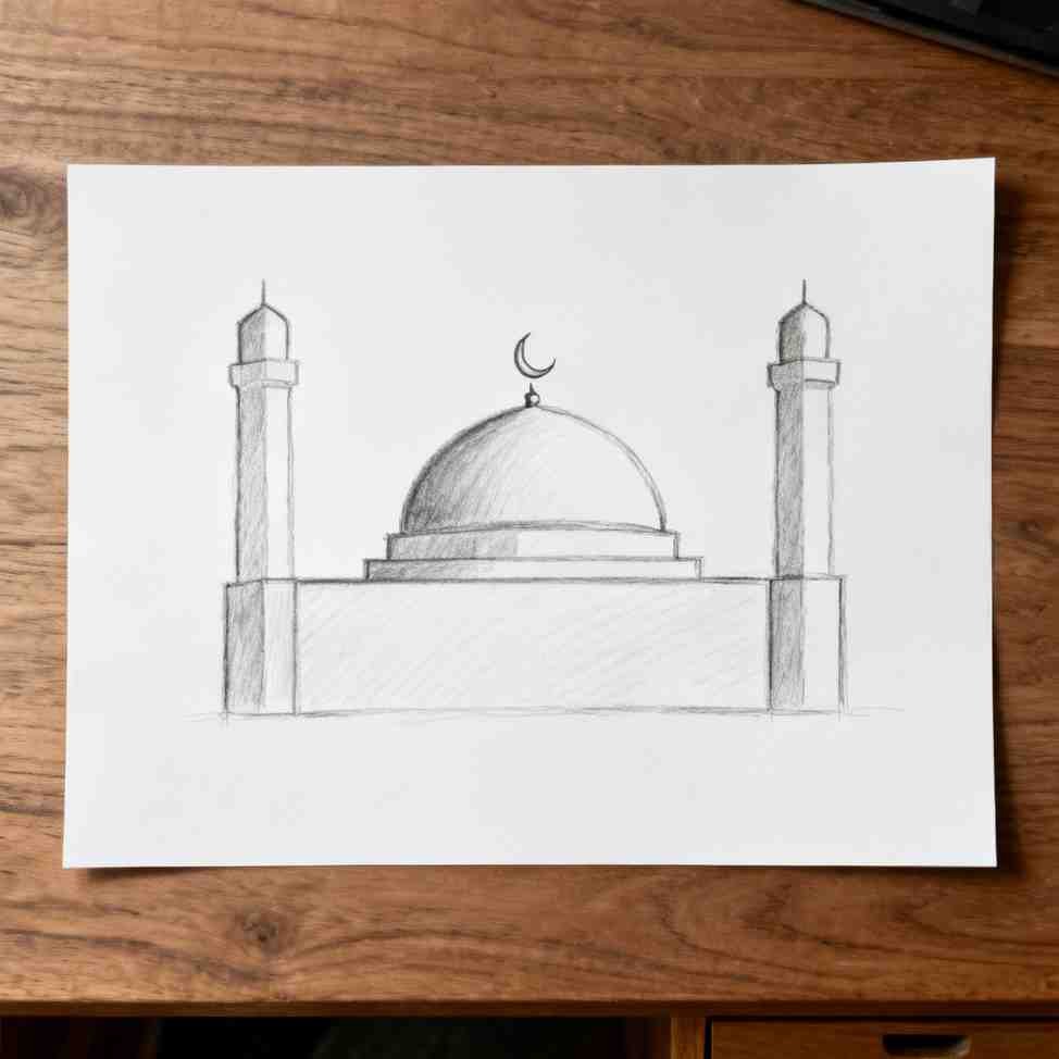 Pencil drawing of mosque with two minarets for Eid drawing step by step