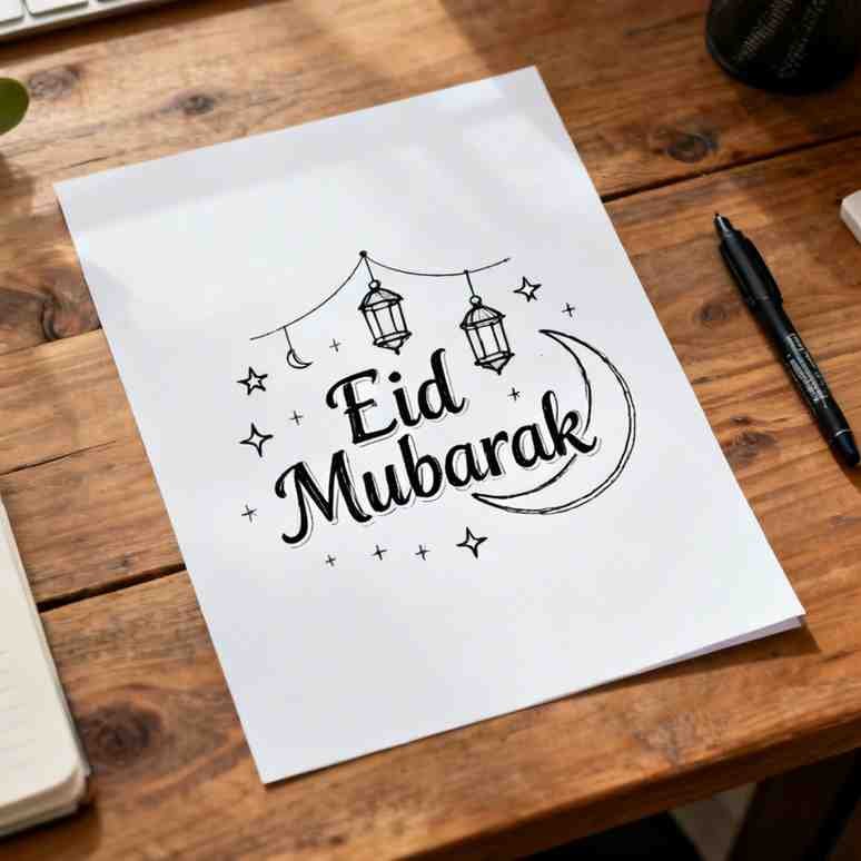 Eid Mubarak drawing with lantern and crescent decorations