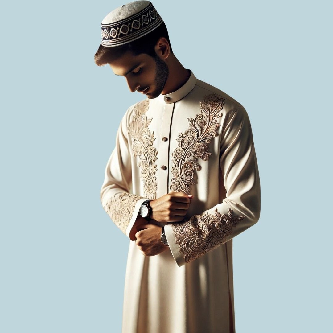 Elegant young man in traditional Eid attire adjusting his sleeves