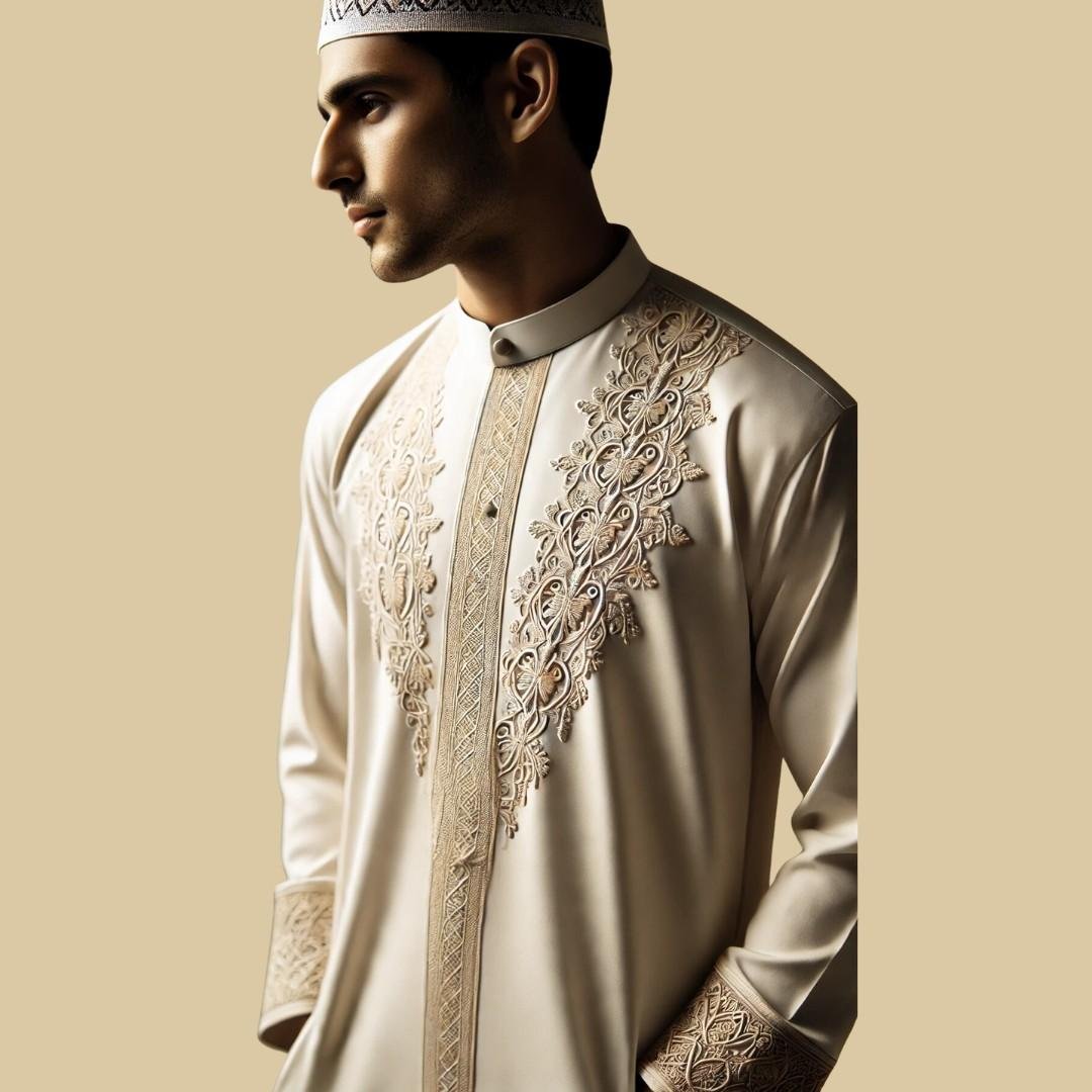 Elegant young man in traditional Eid attire adjusting his sleeves