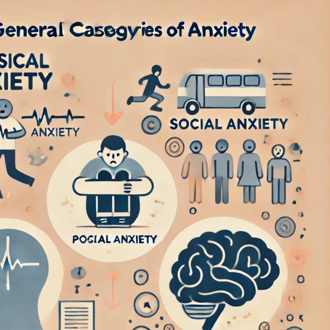General categories of anxiety, including physical anxiety, social anxiety, and psychological anxiety.
