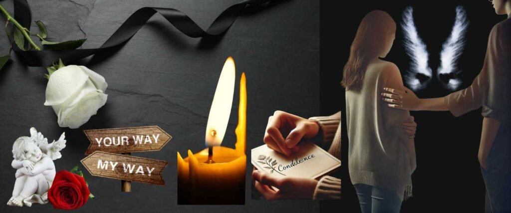 A heartfelt condolence message with symbolic images of love, peace, and remembrance.