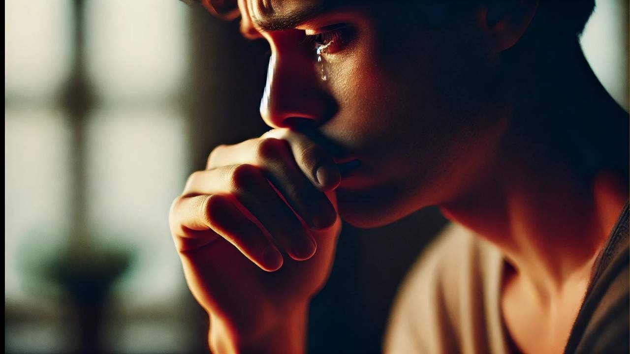 Sad boy crying alone expressing pain of one-sided love
