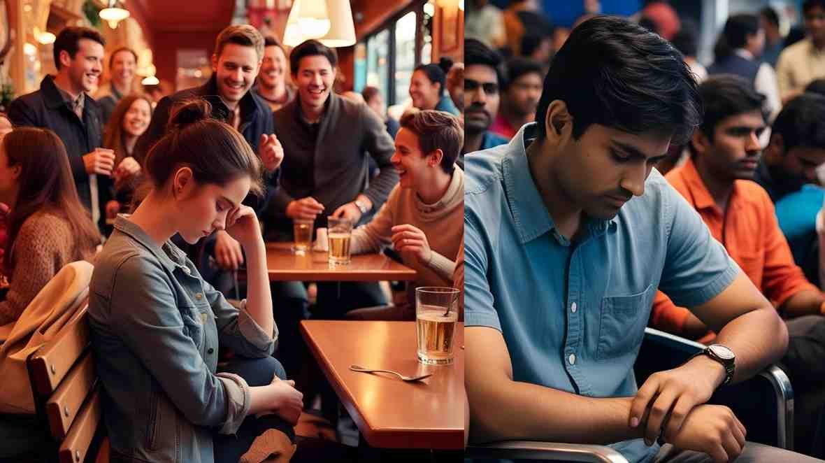 Sad boy and lonely girl sitting apart in crowded places, showing heartbreak and unspoken one-sided love