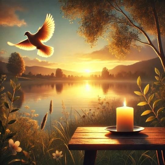 A peaceful sunset scene with a candle, bird, and calm lake, symbolizing condolences and remembrance.
