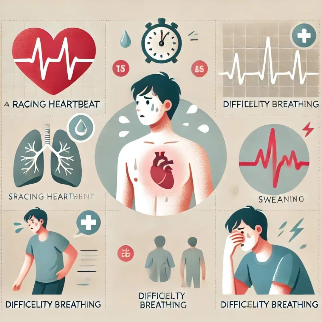 Physical symptoms of anxiety including racing heartbeat, difficulty breathing, and sweating.
