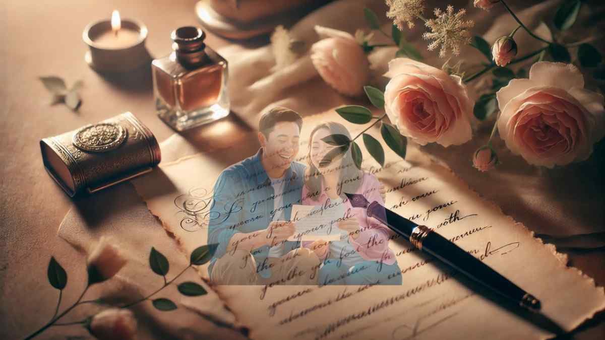 Romantic Assamese couple reading a love letter with roses and candlelight