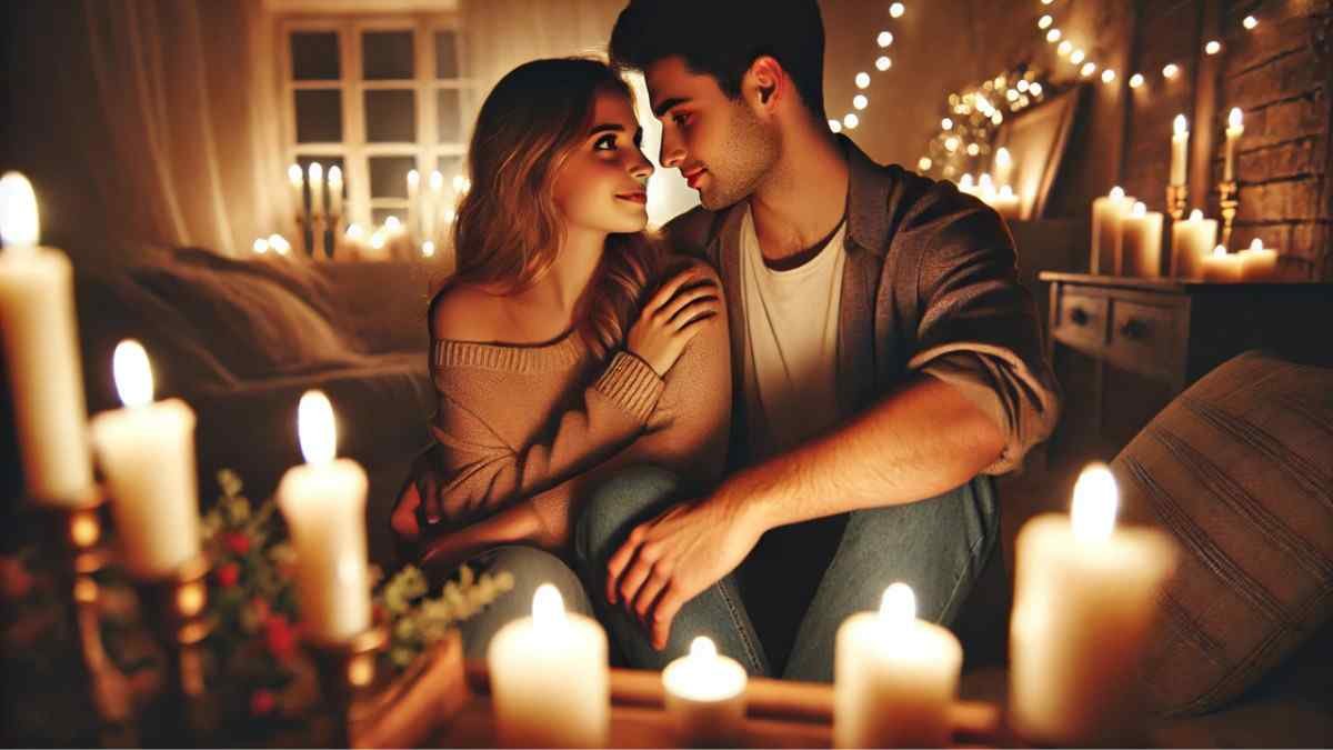 Romantic couple sitting closely surrounded by candles and fairy lights in a cozy room