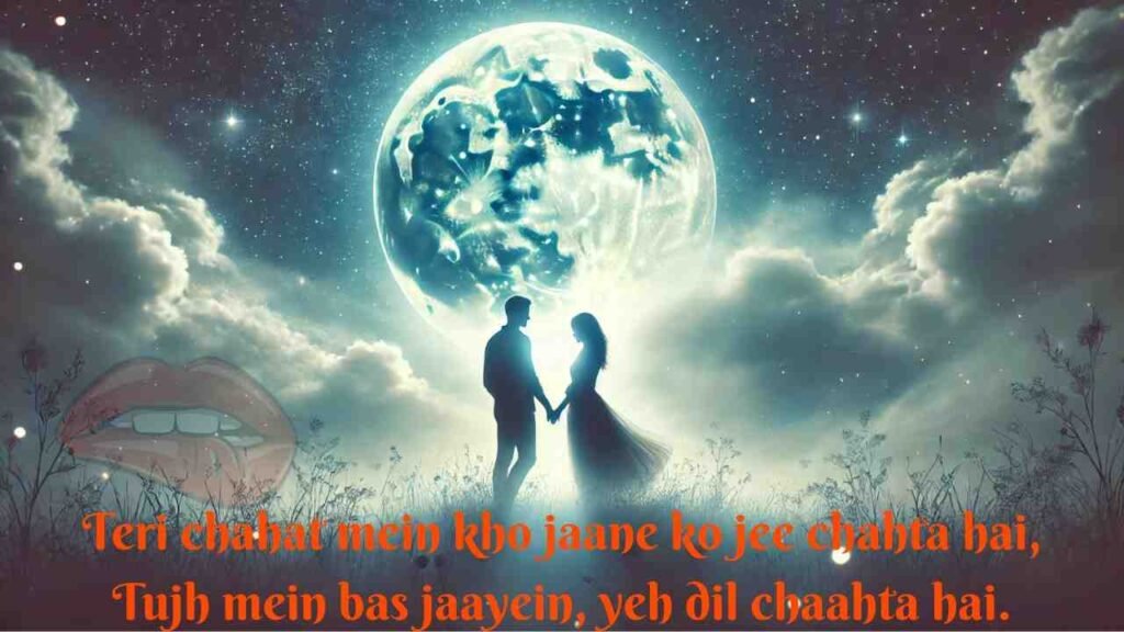 Romantic couple holding hands under a glowing full moon with dreamy Hindi love shayari