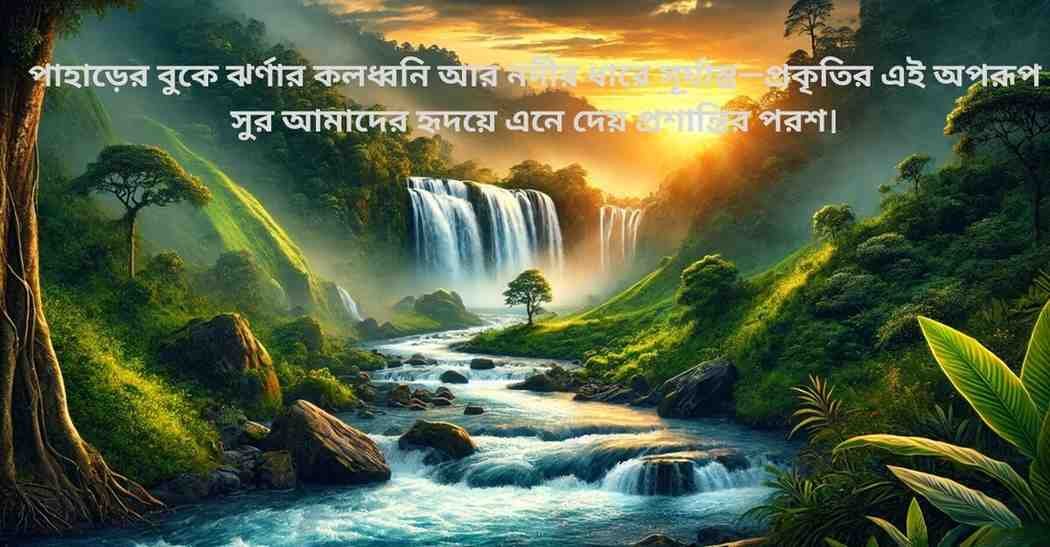 Bengali nature quote with a scenic landscape of a waterfall, mountains, and a flowing river