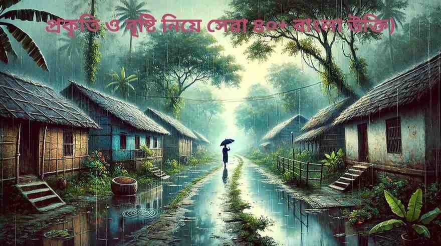 Bengali quote on nature and rain with a rural landscape and umbrella