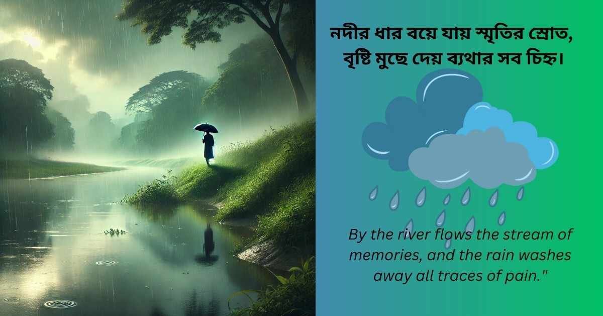 Bengali rain quote image showing a person with an umbrella by a river with a poetic message