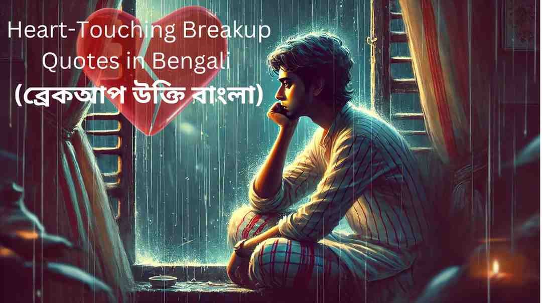 Heart-touching Bengali breakup quote with a person looking out the window in the rain