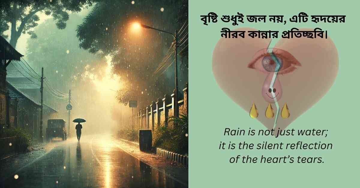 Bengali rain quote with emotional message and a person walking under an umbrella in the rain